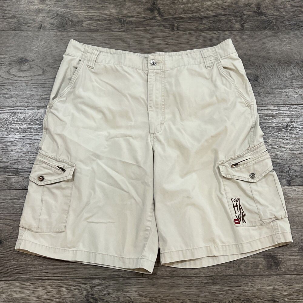 Vintage Y2K Tony Hawk Embroidered Cargo Shorts Tan Skate Baggy - Men’s 36